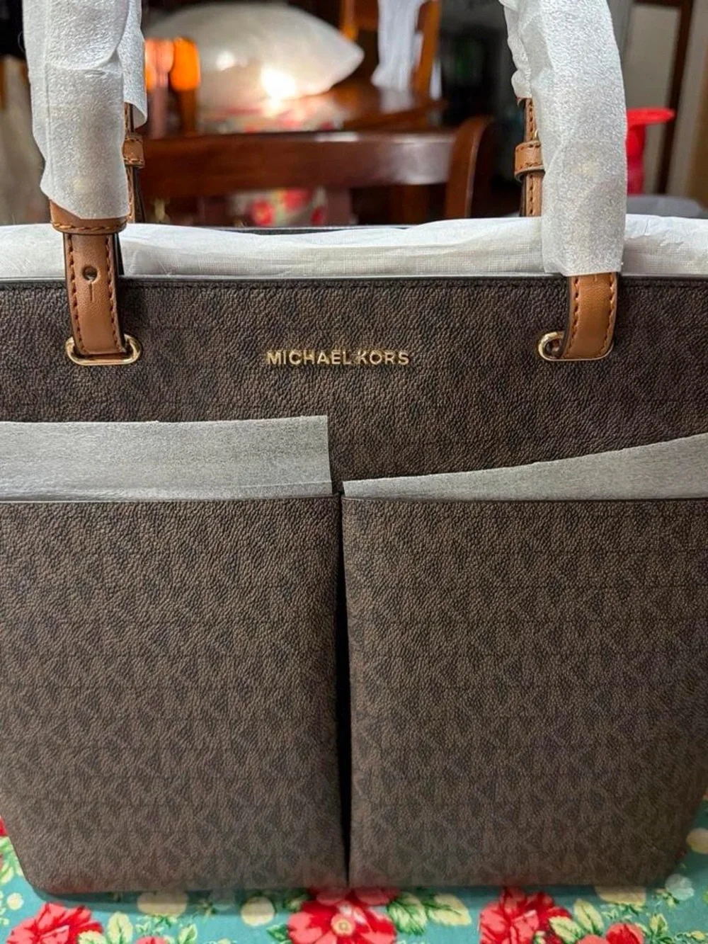 Michael Kors Brown Logo Tote with Tan Leather Trim